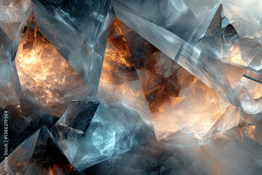 Fototapete Abstract depiction of ice crystals with warm golden light emanating from within, creating a mystical scene.