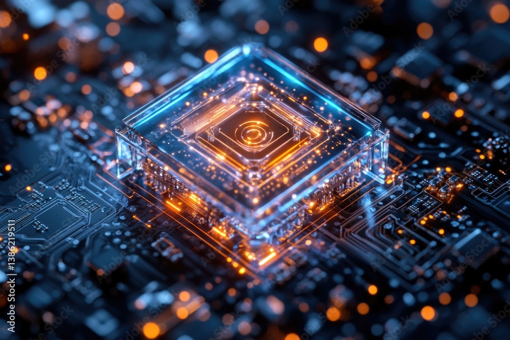 Poster An illuminated microchip shines amidst a network of circuitry, representing the core of modern technology and its complex connectivity.
