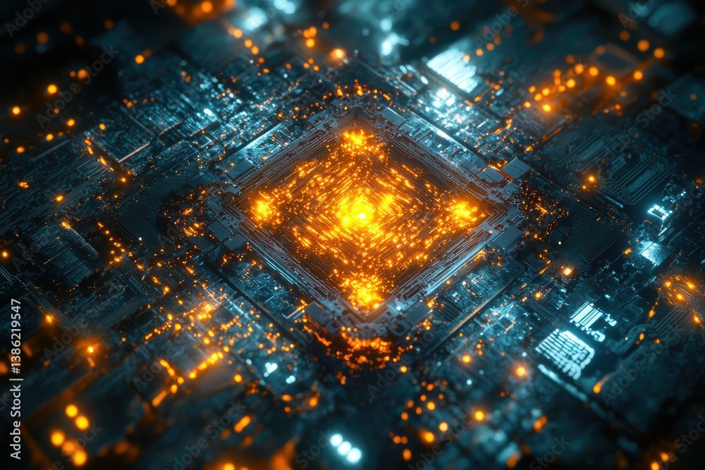 Poster A futuristic, abstract close-up of a high-tech computer circuit board with intricate glowing pathways and a central processing unit.