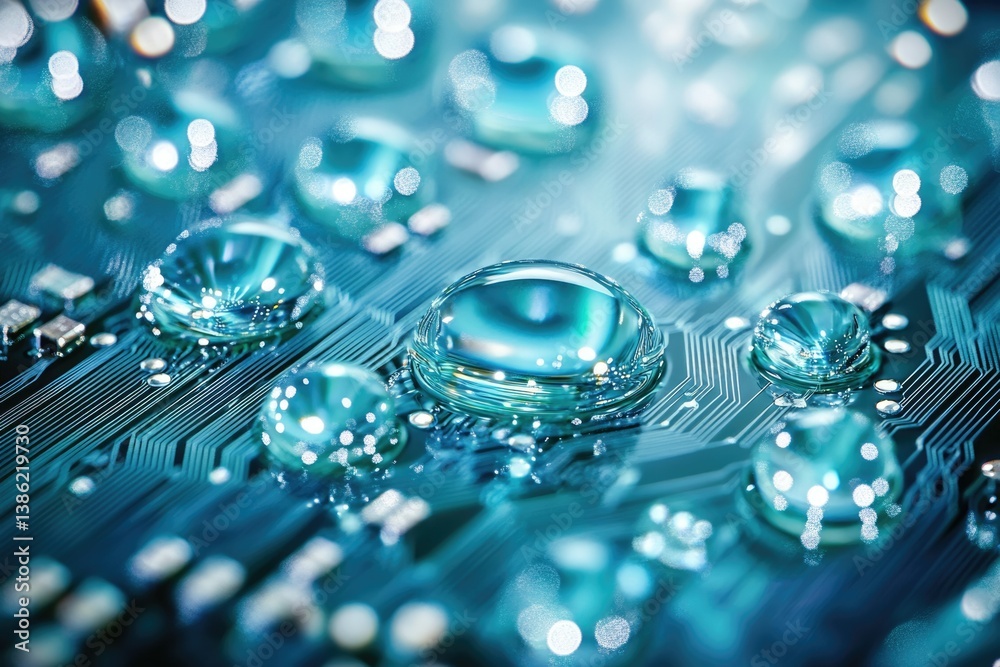 Aufkleber Water droplets on a blue circuit board create a mesmerizing abstract and artistic image.