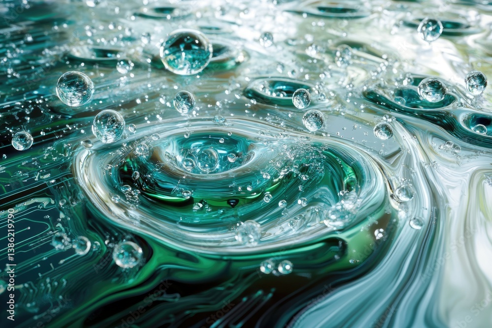 Leinwandbilder water droplets and ripples on a green and white surface, creating a mesmerizing and abstract liquid 