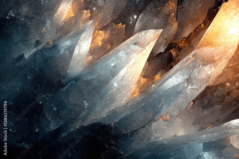 Poster an abstract close-up showcasing sharp, blue-tinted crystals with golden highlights, creating a mesme