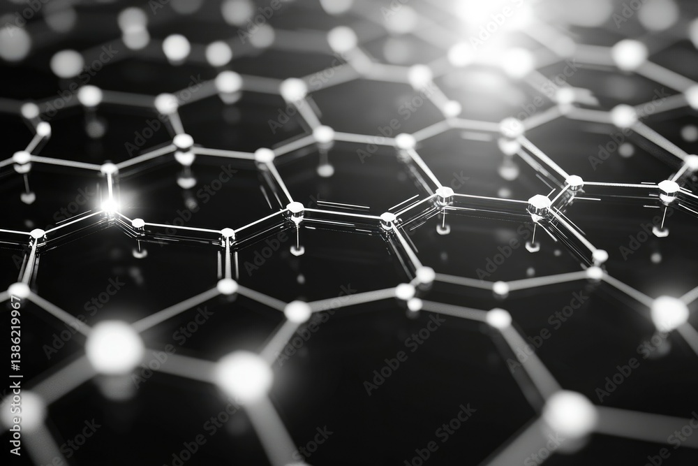 Poster Hexagonal molecular structure with bright nodes and connecting lines, symbolizing science, technology, and advanced material design.