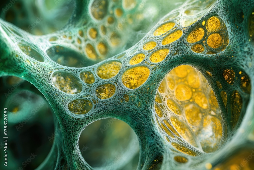 Aufkleber A macro view of cellular structure featuring interconnected, yellow-filled spaces within a green and filamentous matrix.