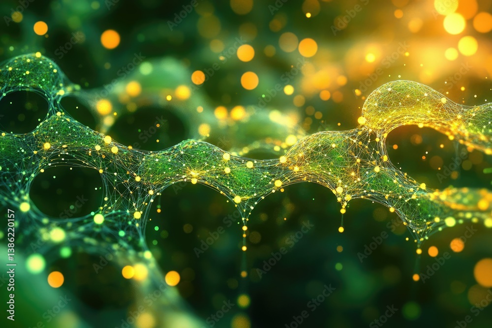 Poster Interconnected network of glowing nodes and lines, resembling a biological structure with a green and gold color scheme, all in a blurry background.
