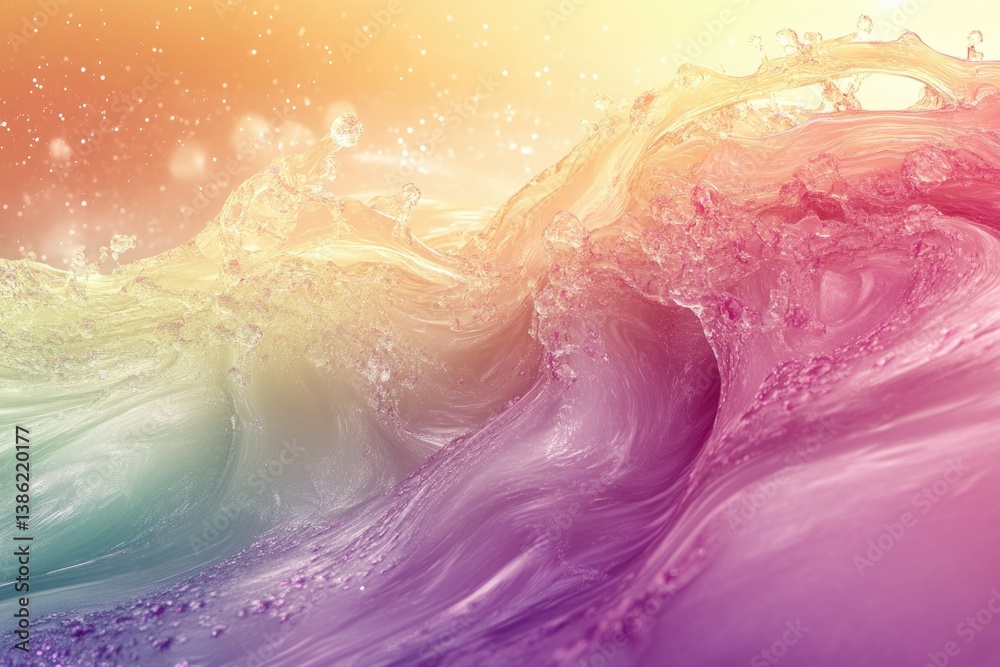 Poster a vibrant, stylized wave with rainbow gradients and sparkling water droplets captures an ethereal, d
