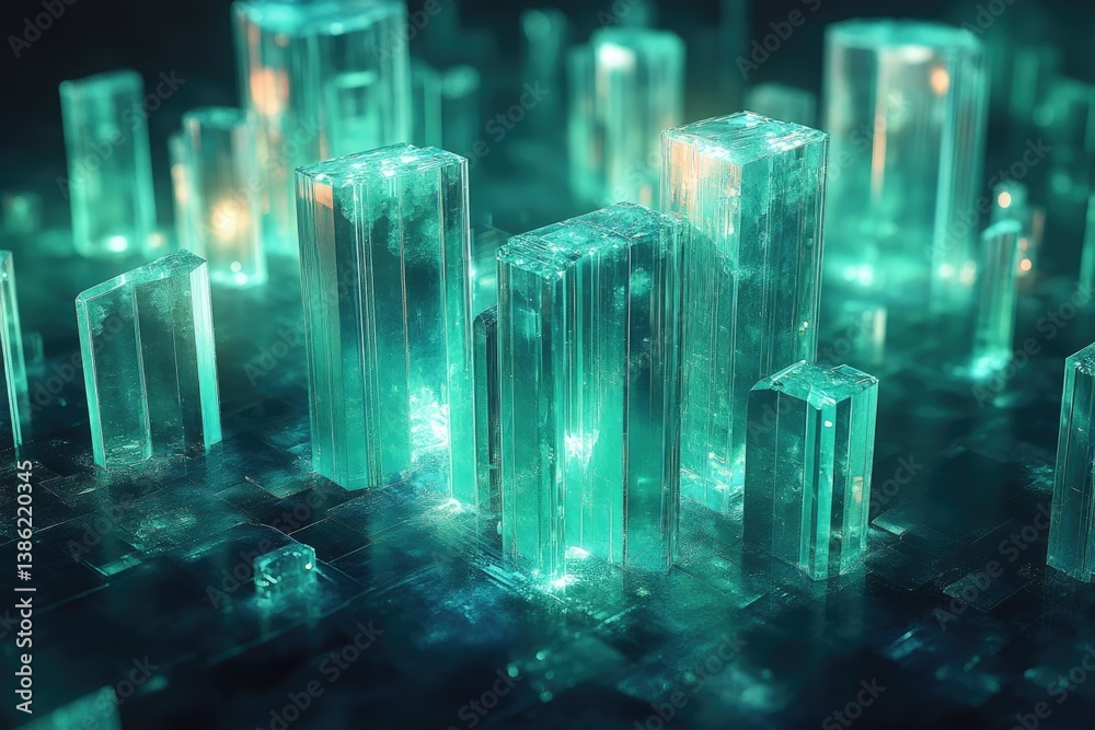 Poster Luminescent crystal structures in shades of teal and light create a mystical, futuristic aesthetic.