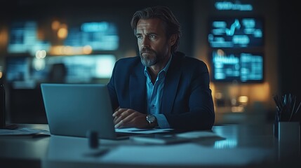 Focused Professional in a Modern Office at Night Concentrating on Laptop with Illuminated Scre