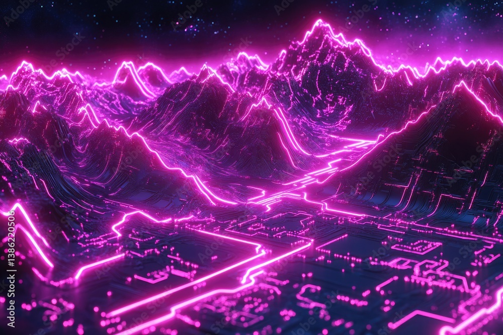 Aufkleber a futuristic landscape of neon purple mountains and circuit board-like structures under a starry sky