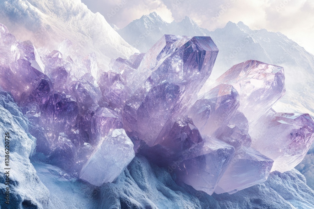 Poster amethyst crystals cluster together on a frosty, mountain landscape, bathed in soft, ethereal light, 