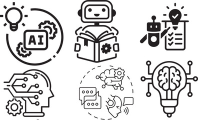 artificial intelligence, ai icons, machine learning, neural network, chatbot, robot learning, deep learning, smart robot, data processing, automation, ai technology, future tech, digital transformatio