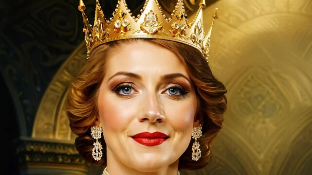 Elegant caucasian woman wearing golden crown and jewelry inside grand palace. concept of royal glamour, noble heritage, regal sophistication, aristocratic elegance