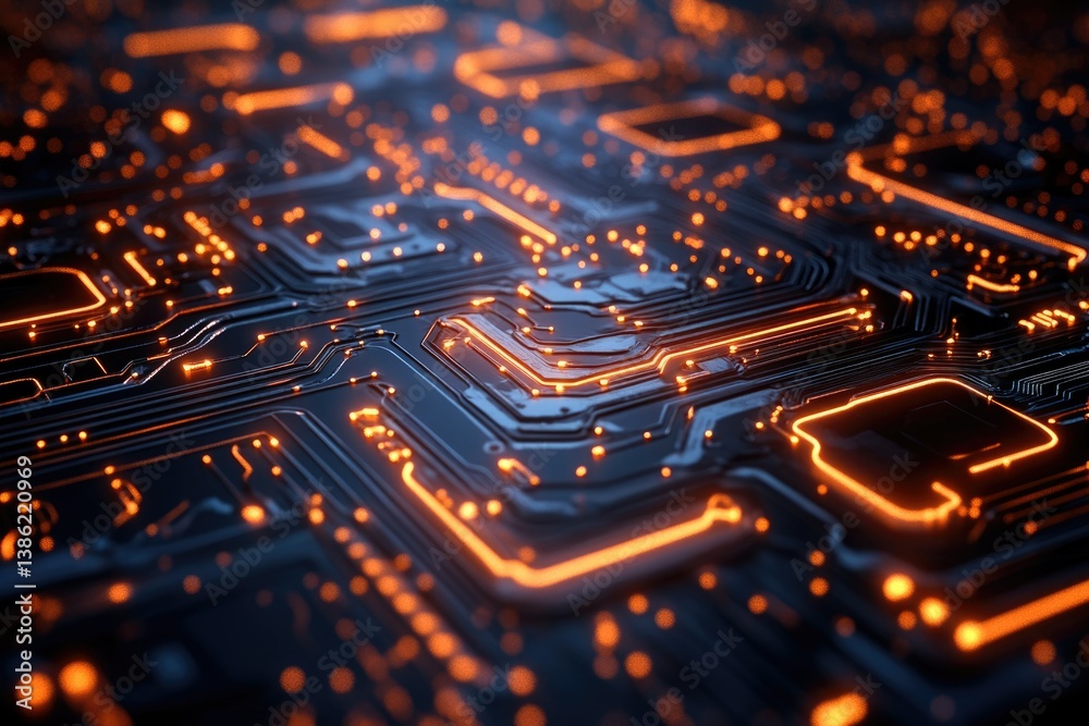 Poster A detailed close-up of a futuristic circuit board with glowing orange pathways, showcasing intricate technology and connectivity.