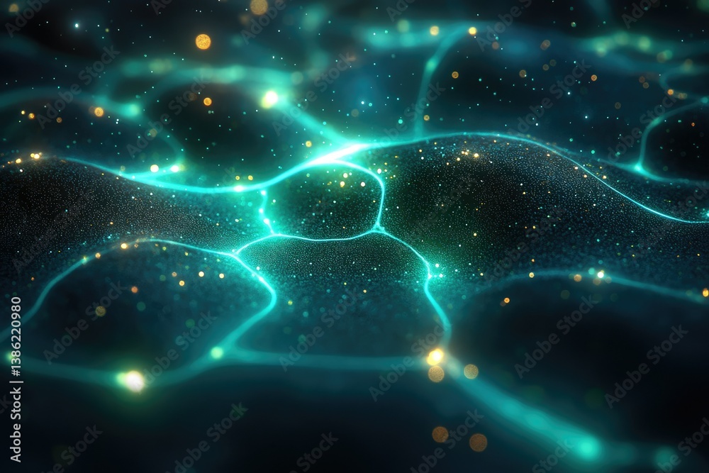 Poster Abstract dark digital landscape with glowing blue lines, golden particles, and subtle wave-like formations creating a futuristic or ethereal scene.