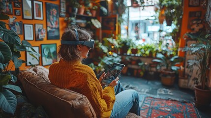 Obraz premium Woman using VR headset and tablet in a plant-filled room.