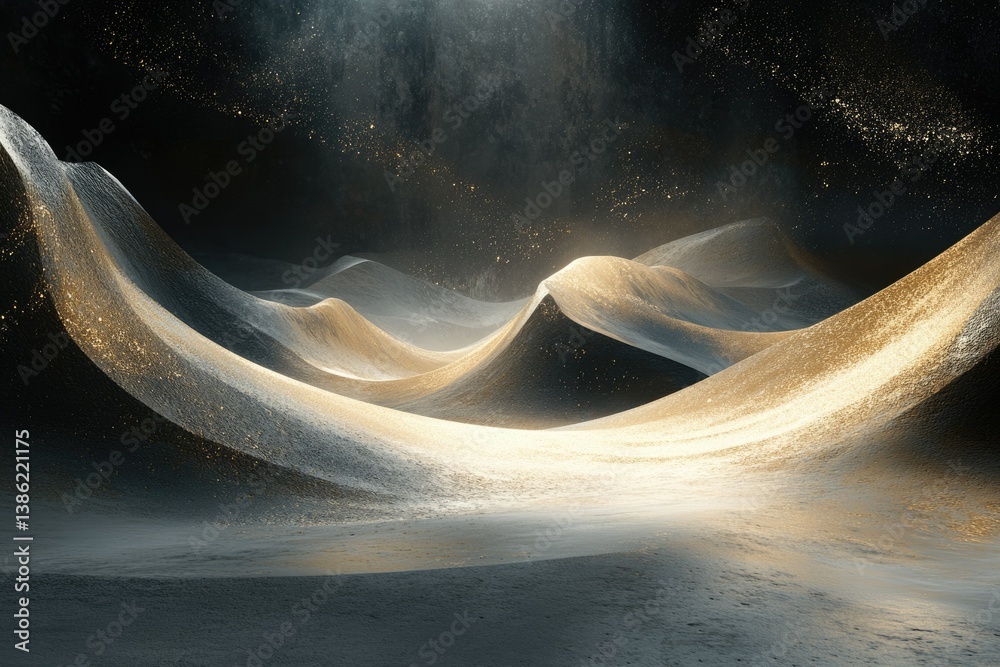 Poster abstract golden and silver dunes with shimmering particles, under a dark sky, creating a serene, oth