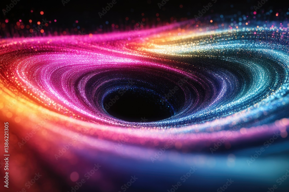 Poster a mesmerizing image of a swirling black hole, adorned with vibrant streaks of cosmic dust in a rainb