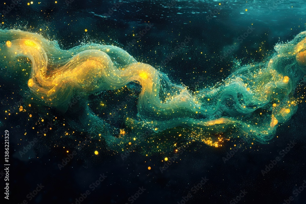 Poster Golden and teal waves float through a dark, abstract space, sparkling with scattered golden particles and creating a cosmic, ethereal atmosphere.