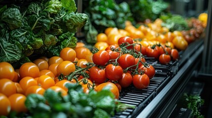 Fresh red and yellow tomatoes and leafy greens displayed on a market shelf.