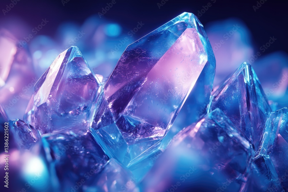 Poster a mesmerizing close-up of crystalline formations with vibrant blue and purple hues, showcasing their