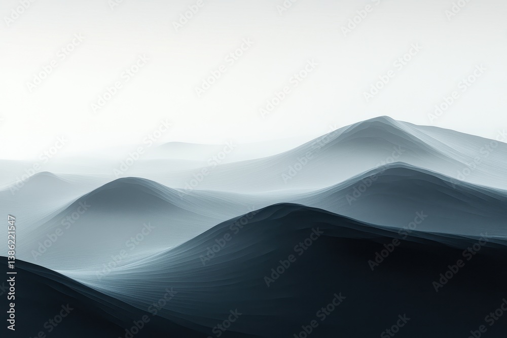 Poster Visual representation of abstract mountain landscape with gentle curves, soft textures, and a misty atmosphere at dawn