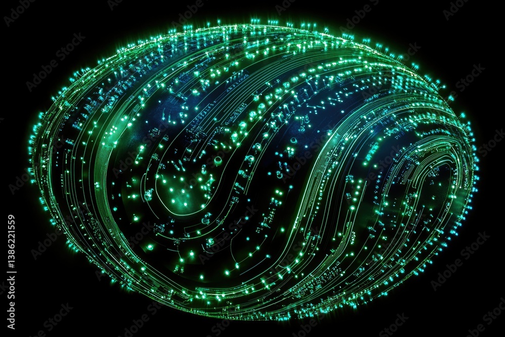 Poster Abstract rendering of glowing circuit board, arranged in an elliptical, spherical pattern against a dark, neutral background.