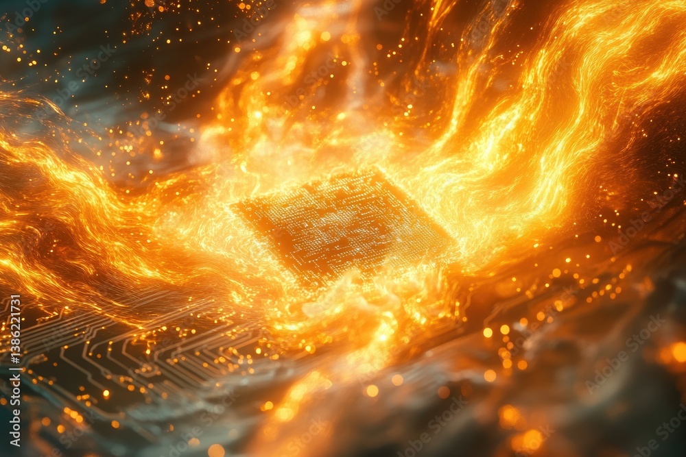 Poster fiery, glowing chip on a circuit board with an intense heat visualization.
