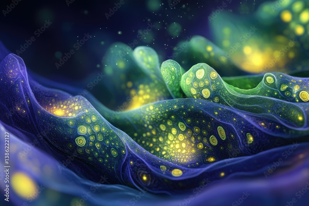 Poster An abstract dreamscape of luminous cellular structures glowing with bioluminescence in shades of blue and green, evocative of deep ocean life.