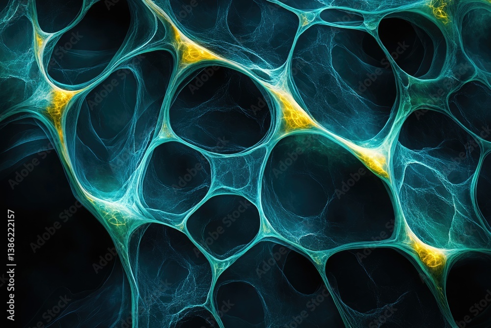 Poster abstract network of glowing cells connected by intricate webs with teal, blue, and yellow highlights