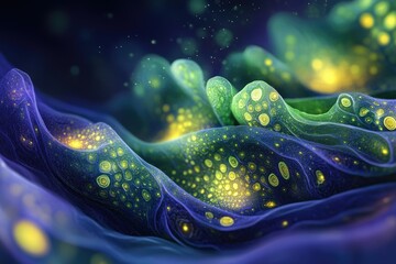 Naklejka premium An abstract dreamscape of luminous cellular structures glowing with bioluminescence in shades of blue and green, evocative of deep ocean life.