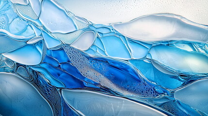 Frozen ice surface, translucent blue and white, intricate cracks and reflections