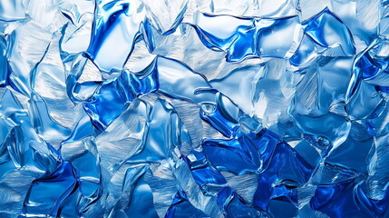 Frozen ice surface, translucent blue and white, intricate cracks and reflections