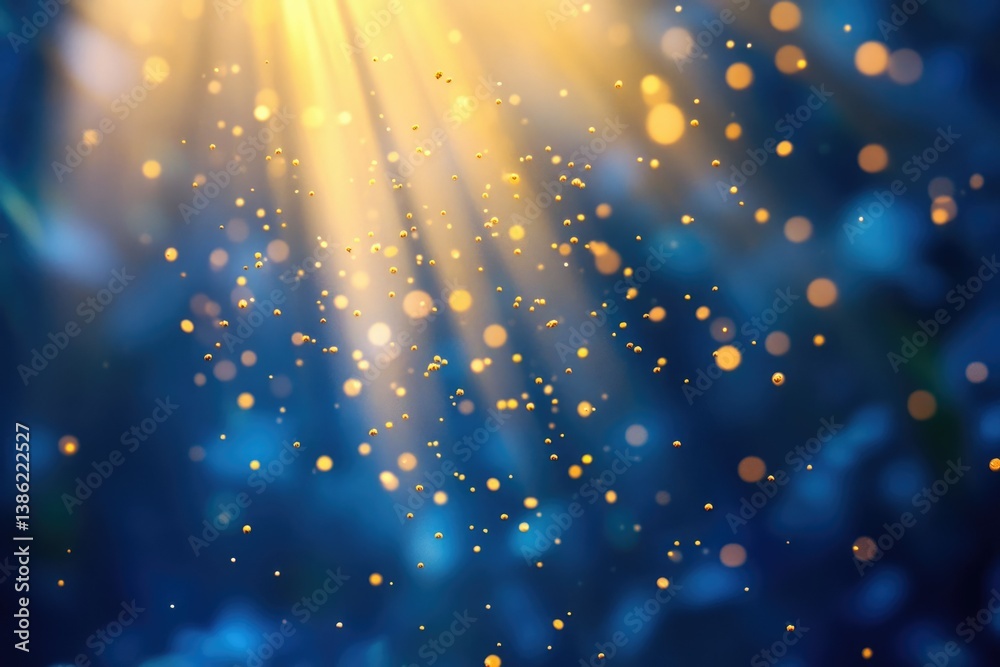 Aufkleber Golden light rays beam through a blue, textured background, illuminating dust particles and creating a bokeh effect.