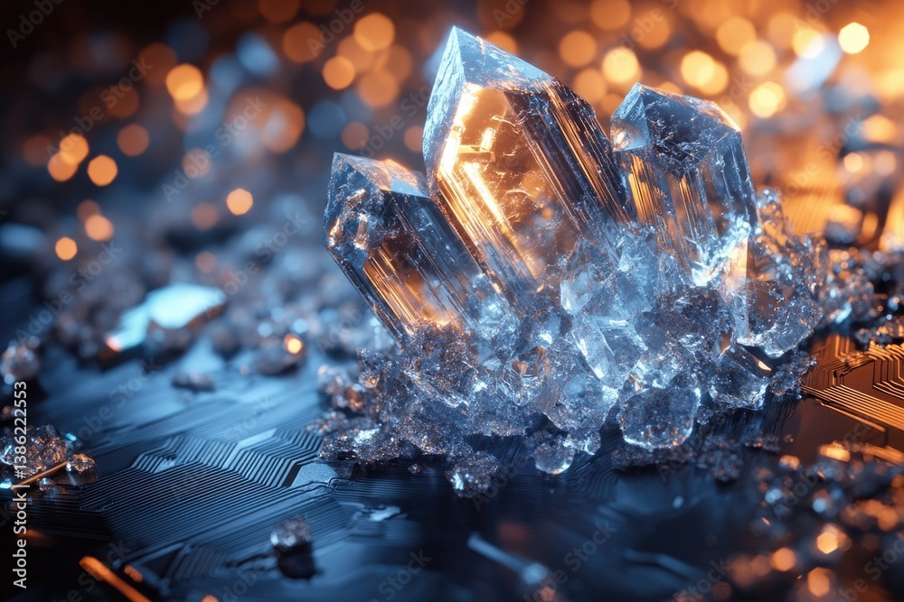 Fototapete Crystals rest on a circuit board, illuminated by ethereal light, creating a blend of nature and technology.