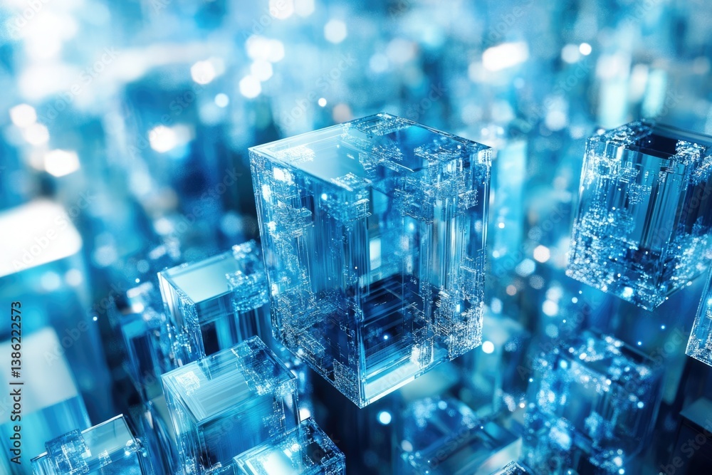 Aufkleber Abstract digital cubes with internal circuitry and a glowing, futuristic blue color palette.