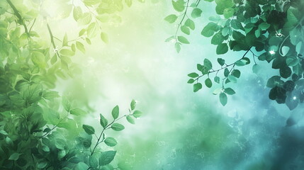 Misty forest background, soft greens and blues