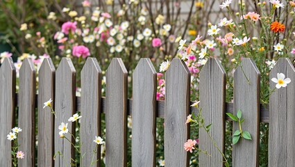 Fototapeta premium Rustic Wooden Fence Encloses Spring Garden Bloom
