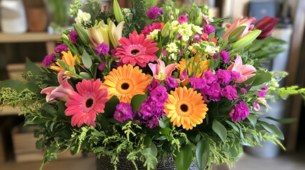 A lively bouquet of summer flowers including gerbera, lilies, and peonies, bursting with bright colors and freshness.A lively bouquet of summer flowers including gerbera, lilies, and peonies, bursting