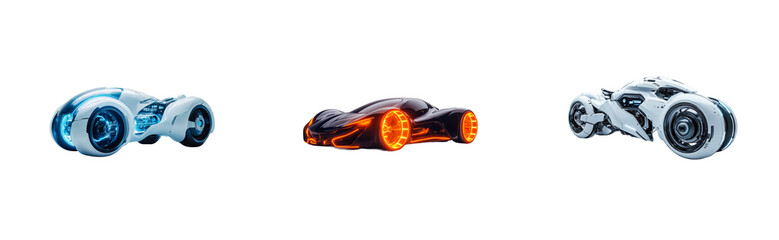 Futuristic concept cars with neon lights. Set png cut out