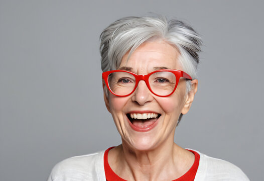 Old woman with short gray hair, wearing bright red glasses smiling widely, looking happy and cheerful. She is dressed in a white top with a red neckline. The background is a plain gray color.