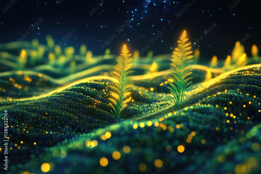 Poster abstract fields under a starlit sky with luminous plants and glowing dots creating a magical, otherw
