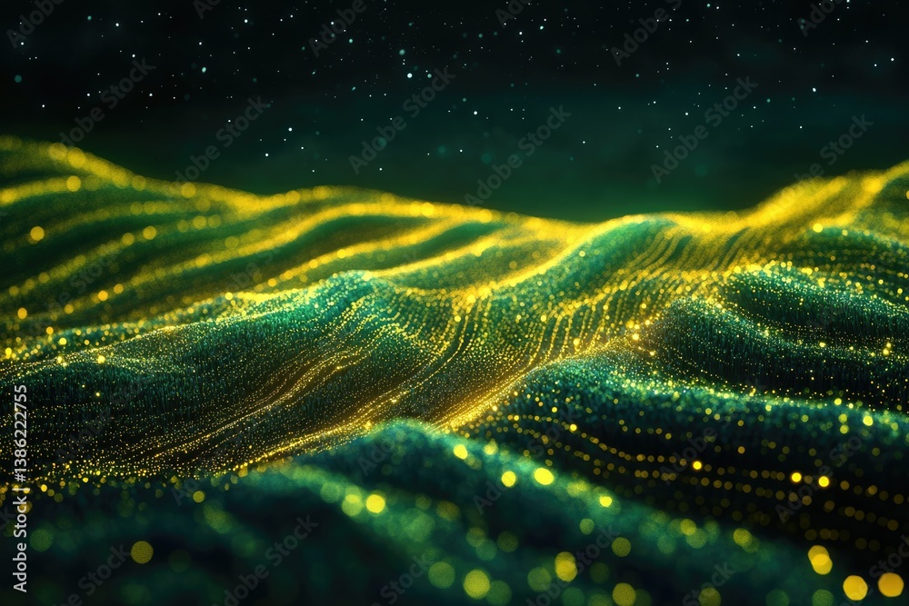 Fototapete Emerald dunes shimmer under a starlit sky, with golden streams tracing abstract patterns across the landscape.