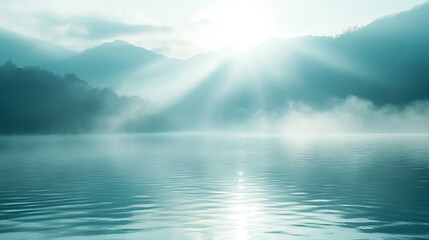 Fototapeta premium Light rays shining through cool mist on a pale blue