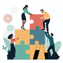 Business Teamwork concept. Contemporary flat style abstract vector illustration of a company of diverse people putting together a huge puzzle details. 