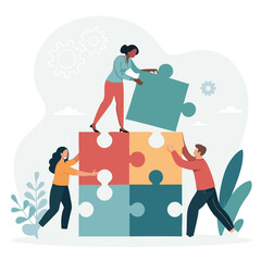 Business Teamwork concept. Contemporary flat style abstract vector illustration of a company of diverse people putting together a huge puzzle details. 