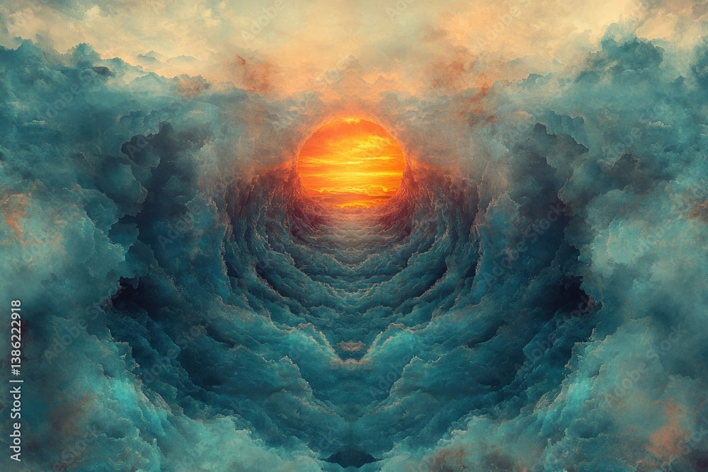 Poster a vivid, surreal landscape with a glowing orb nestled in a swirling vortex of blue and orange-tinted