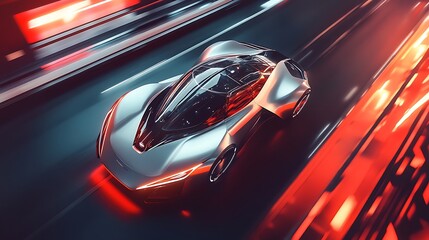 Fototapeta premium A futuristic silver car rapidly speeds along a smooth highway