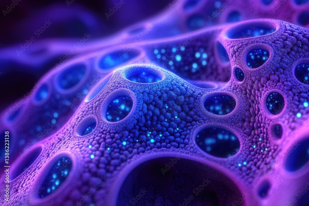 Aufkleber abstract cellular structure with glowing blue particles inside craters, rendered in shades of purple