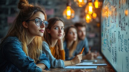Young team brainstorming, reviewing whiteboard ideas.