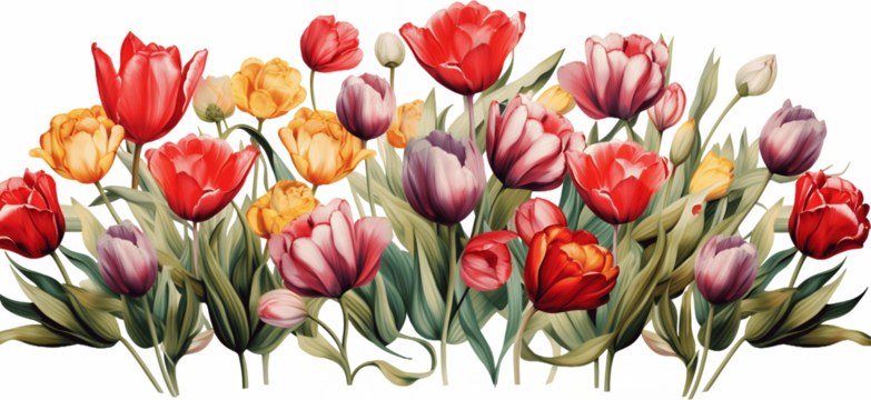 Border design of colorful tulips in red orange purple pink with stems and buds watercolor illustration